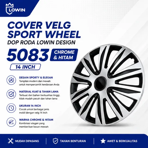 COVER VELG SPORT WHEEL DOP RODA LOWIN DESIGN 5083 CHROME & HITAM 14 INCH