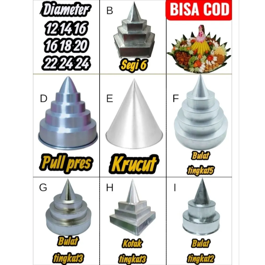 cetakan nasi tumpeng /loyang tumpeng mini dan besar3susun.satu set isi 3 ukura ukuran 20 22 24 ukuran 12  14 16 &18