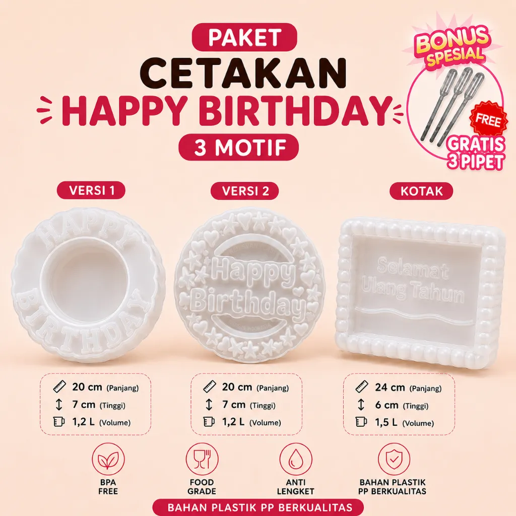 3 PCS Cetakan Puding Happy Birthday Ulang Tahun Plastik Premium 1,2 Liter FREE PIPET / Cetakan Bolu Ulang Tahun Puding Loyang / Cetakan Agar Jelly Pudding