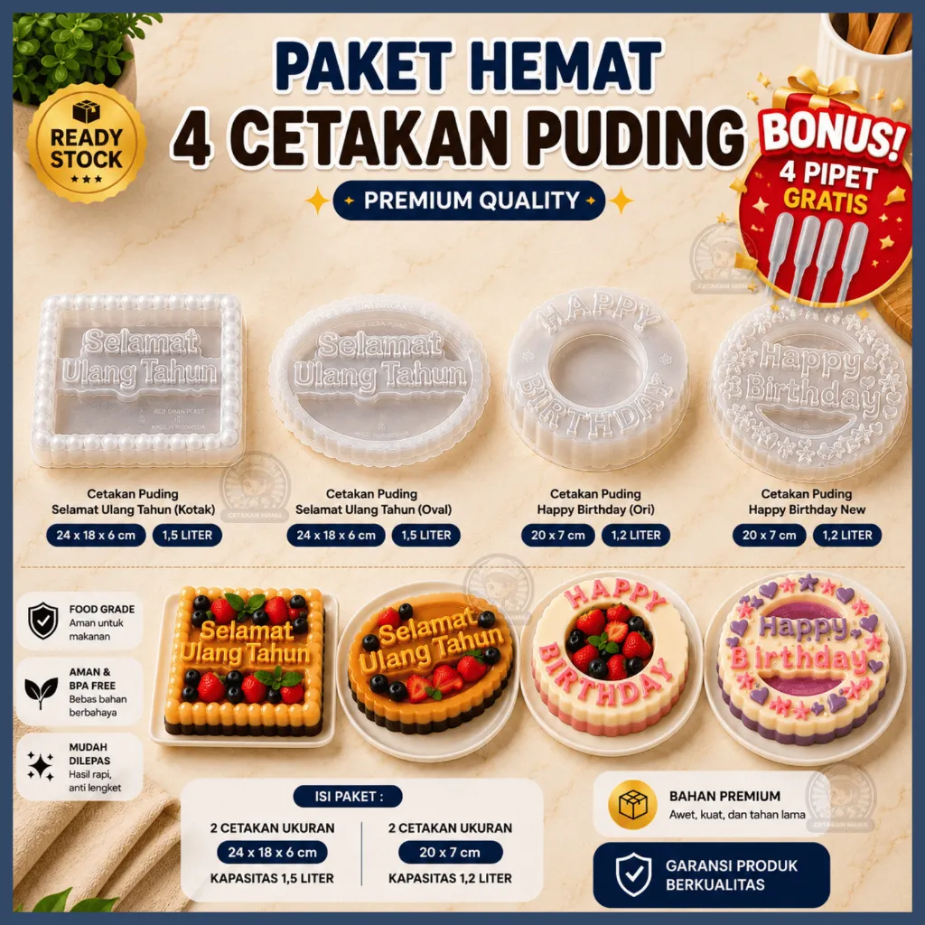 4 PCS Cetakan Puding Happy Birthday Ulang Tahun Plastik Premium 1,2 Liter 1,5 Liter FREE PIPET / Cetakan Bolu Ulang Tahun Puding Loyang / Cetakan Agar Jelly Pudding