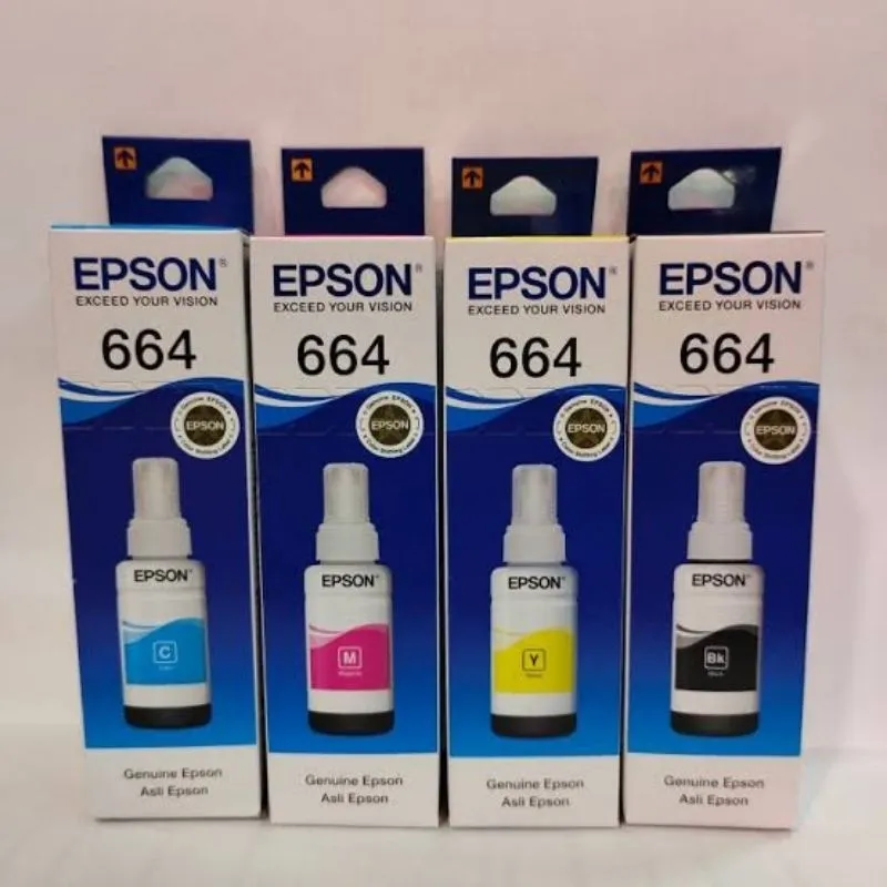 Paket 4 Pcs Tinta Epson 664 untuk Printer Epson L100, L110, L120, L200, L210, L220, L300, L310, L350, L355, L360, L365, L385, L455, L550, L555, L565, L655, L1300