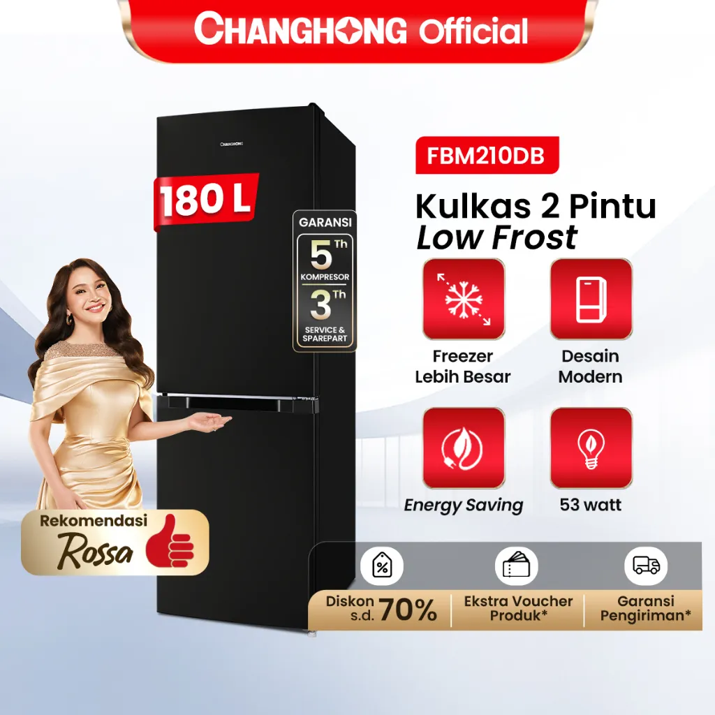 [Limited Offer] Changhong  Kulkas 2 Pintu  (Bottom Mounted Refrigerator) Lemari Es  Kapasitas 180 Liter FBM210DB Black (Low Frost) (Kulkas Fleksibel) (Kombinasi Pendingian Dan Pembekuan) ( Kulkas Temperred Glass)