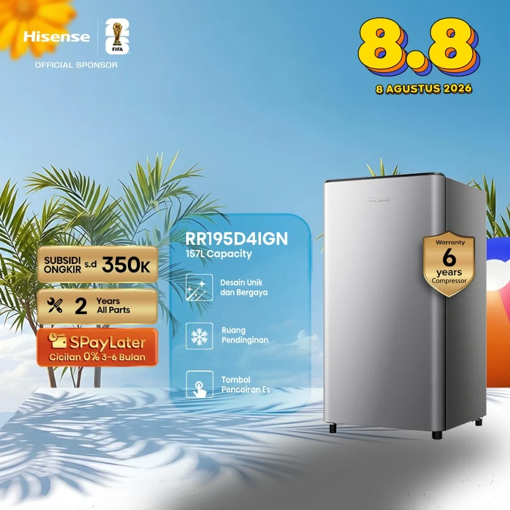 Hisense-Kulkas 1 Pintu Silver 157L-RR195D4IGN-Semi Auto Defrost-Separate Chiller-Lampu LED-Big Door Balcony-Anti Bakteri Door Seal-Fruit & Vegetable Box