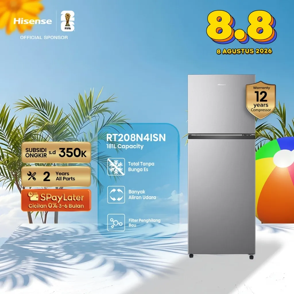 Hisense-Kulkas 2 Pintu Silver 181L-RT208N4ISN-No Frost-Sirkulasi Udara 360 Derajat-Filter Anti Bau-Desain Minimalis-Pintu Terbuka 90 Derajat
