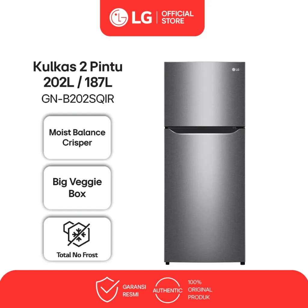 LG Kulkas 2 Pintu 202L / 187L - Moist Balance Crisper - Big Veggie Box - Total No Frost - Dark Graphite Steel - Model GN-B202SQIR
