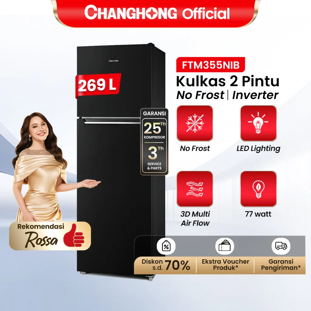 [BIG CAPACITY] Changhong Kulkas 2 Pintu  (Refrigerator) kulkas Inverter No Frost tanpa Bunga Es Lemari Es Kapasitas 269 Liter FTM355NIB - Black (Kulkas No Frost Kulkas Inverter) ( Kulkas Anti Bunga Es ) (Kulkas Big Kapasitas ) ( Laci Penyimpanan Besar)
