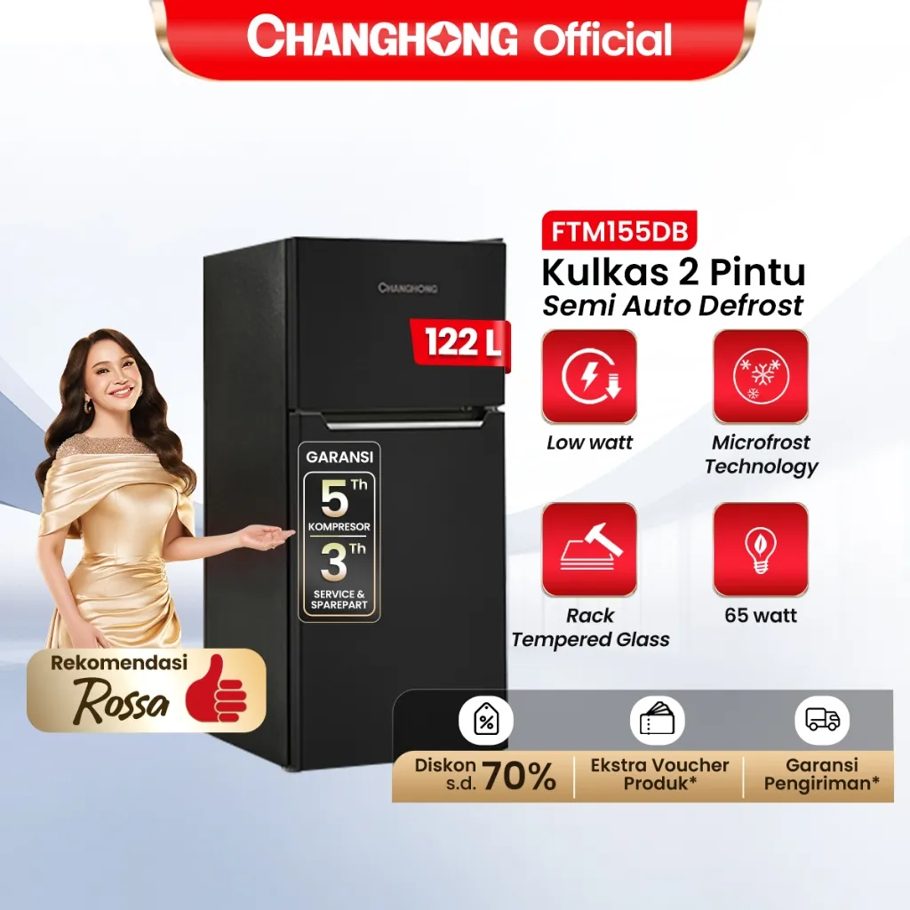 Changhong Kulkas 2 Pintu (Refrigerator) Lemari Es Kapasitas 122 Liter FTM155DB Black (Semi Auto Defrost) (Kulkas Minimalis, Fleksibel) (Kombinasi Pendingian Dan Pembekuan) ( Temperred Glass)