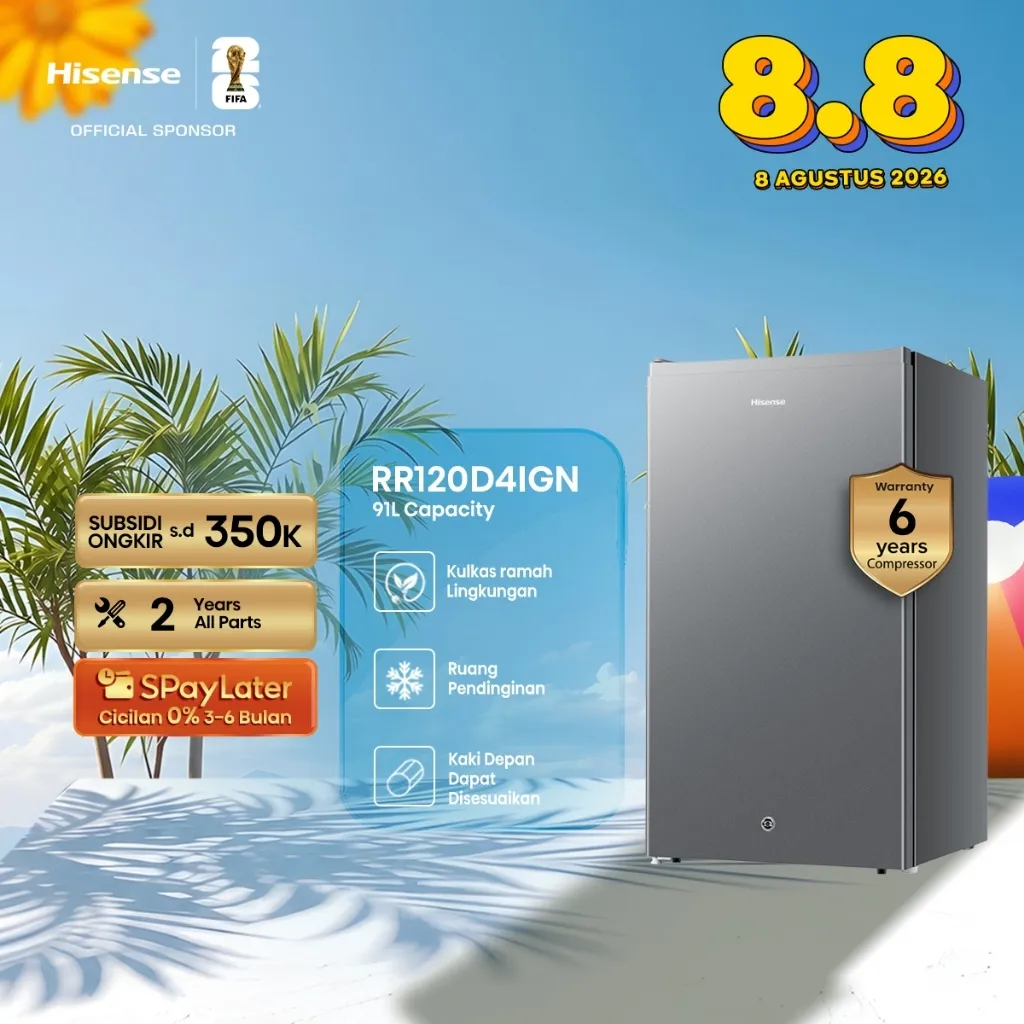 Hisense-Kulkas Mini Bar Grey 91L 1 Pintu-RR120D4IGN-Compact Size-Separate Chiller-Rak Botol 2L-Ramah Lingkungan-Kaki Depan Dapat Disesuaikan