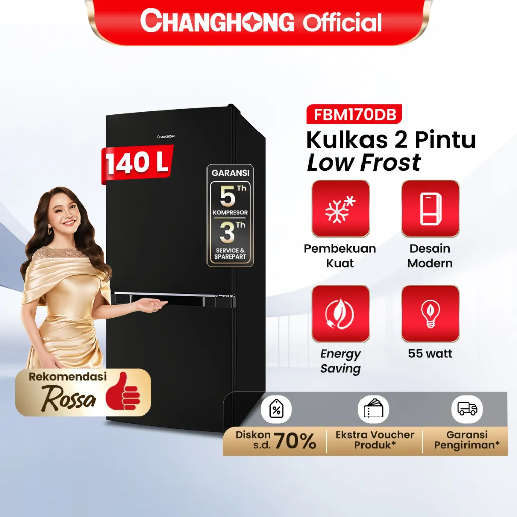 Changhong  Kulkas 2 Pintu  (Bottom Mounted Refrigerator) Lemari Es  Kapasitas 140 Liter FBM170DB Black (Semi Auto Defrost) (Kulkas Fleksibel) (Kombinasi Pendingian Dan Pembekuan) ( Kulkas Temperred Glass)