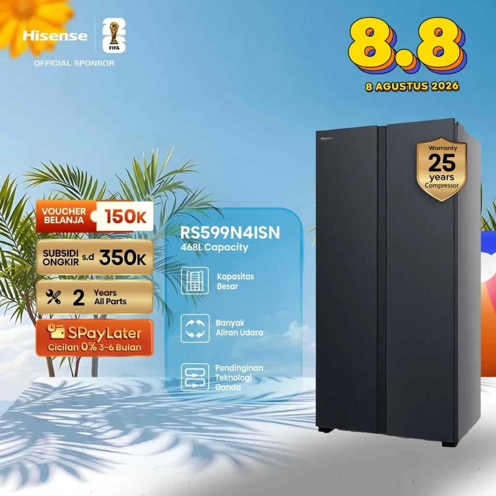 Hisense-Kulkas Side By Side Abu-abu 468L-RS599N4ISN-Inverter Pro-No Frost-Multi Air Flow-One-line Handle Design-Electronic Control-Precise Temperature Control-Super Freeze-LED Lighting