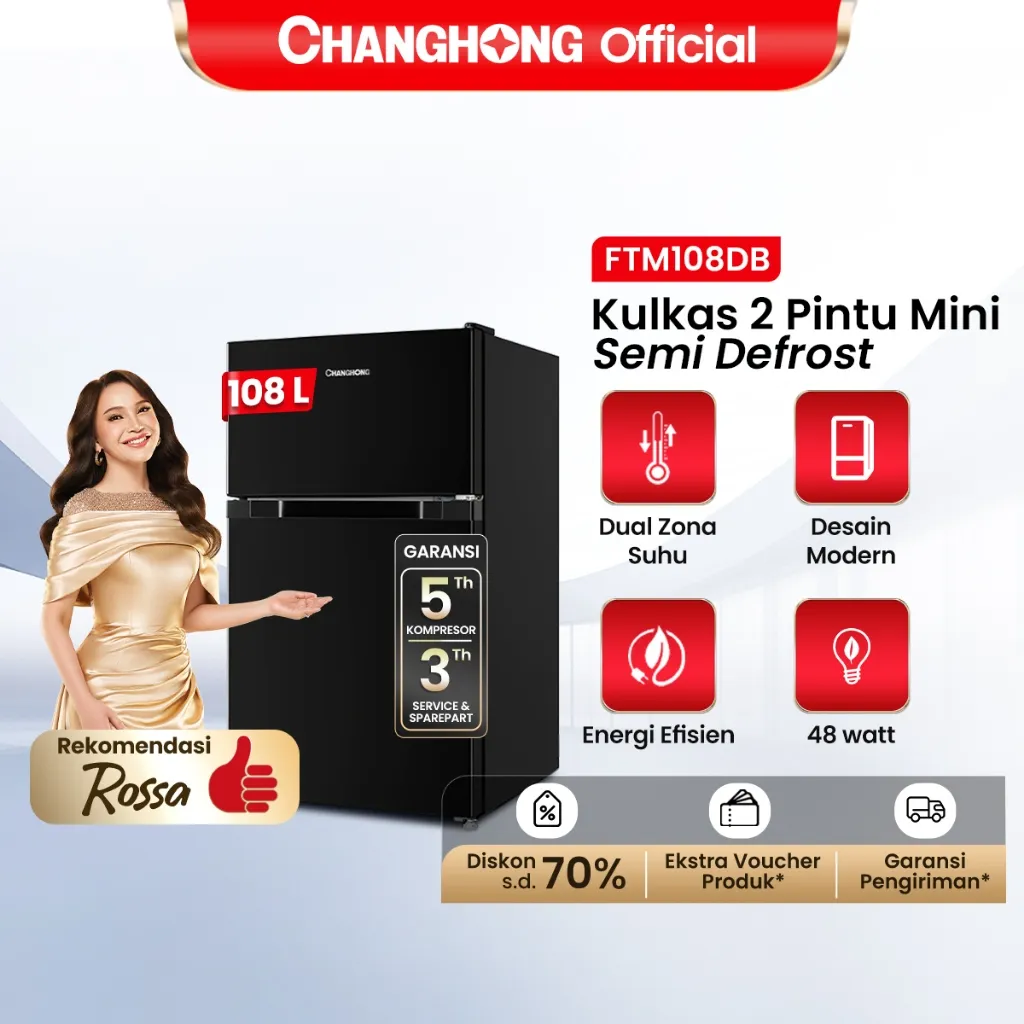 New Changhong Kulkas 2 pintu Mini (Refrigerator) Lemari Es Kapasitas 108 Liter – Black FTM108DB (Semi Defrost ) (Ajustable Door Bisa DiBuka Dari Kanan/Kiri) (Penyimpanan Besar) (Pintu Fleksibel) (Freezer Yang Terpisah) (Pembekuan Cepat)