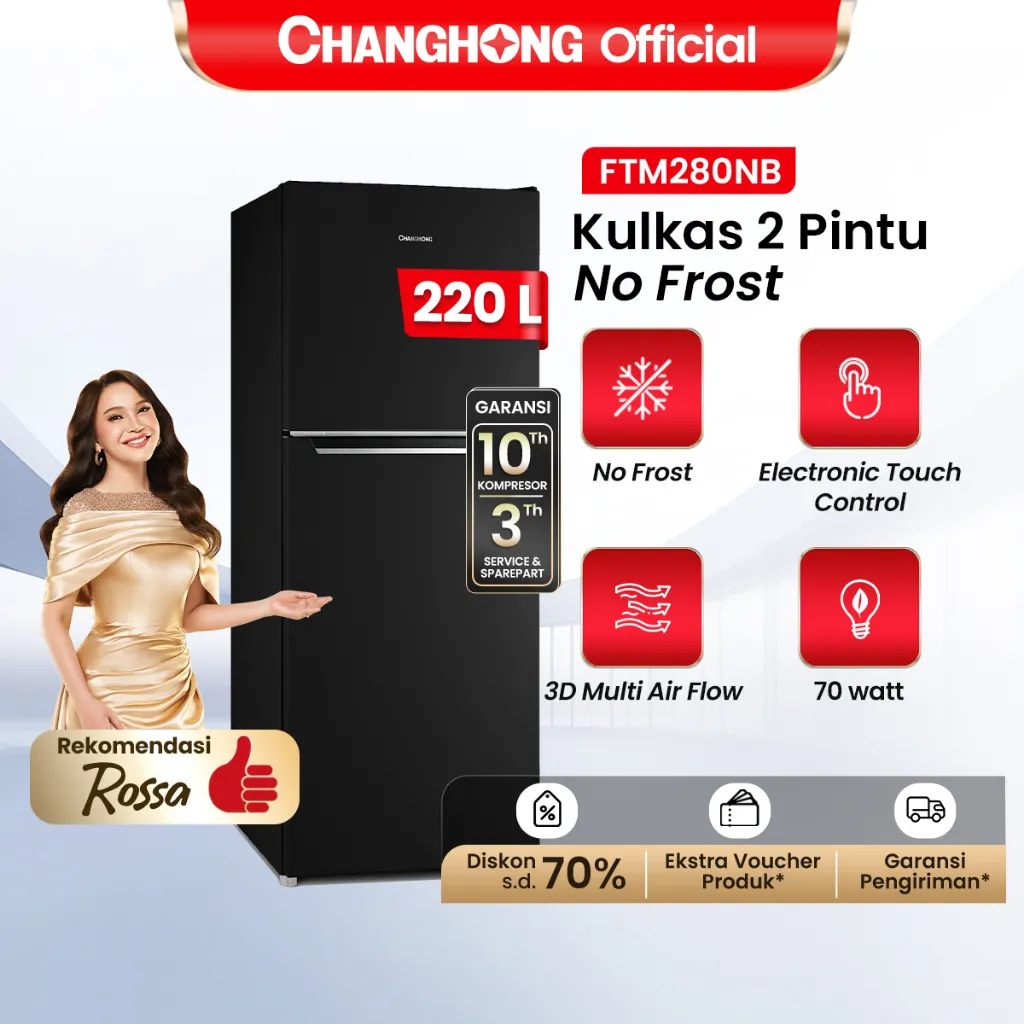 [Bebas Bunga Es] Changhong Kulkas 2 Pintu  (Refrigerator) Kulkas No Frost Tanpa Bunga Es Lemari Es Kapasitas 220 Liter FTM280NB - Black (Kulkas No Frost Anti Bunga Es) (Kulkas Multi Air flow) (Kulkas Food Grade) ( Kulkas Dengan Penyimpanan Besar)