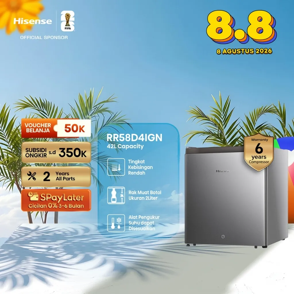 Hisense-Kulkas Mini Bar Silver 42L 1 Pintu-RR58D4IGN-Low Noise-Separate Chiller-Reversible Door-Thermostat Dapat Disesuaikan-Rak Botol 2L-Space Friendly