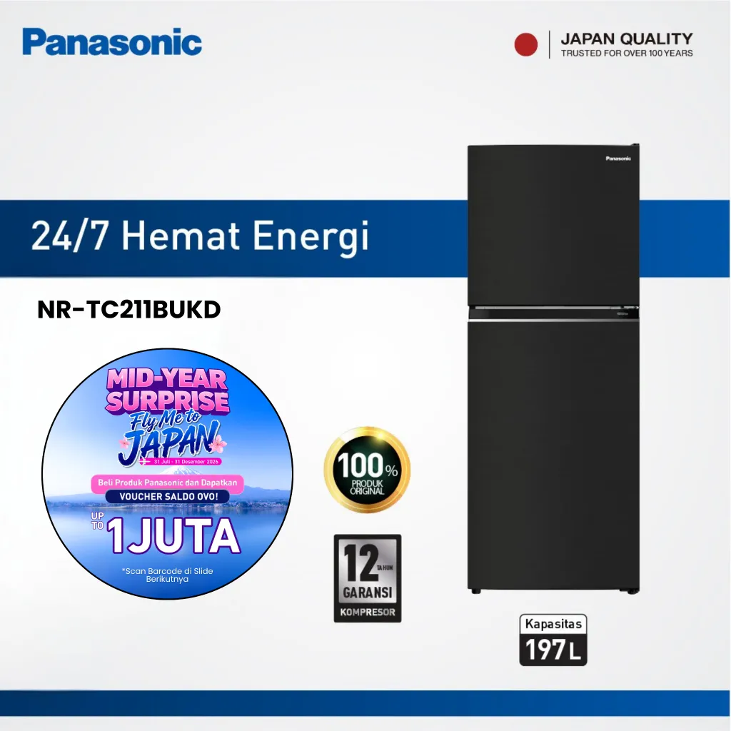 Panasonic Kulkas 2 Pintu 197L NR-TC211BUKD Inverter | Chilled Zone | Ag Clean Anti Bau | Low Voltage 140V
