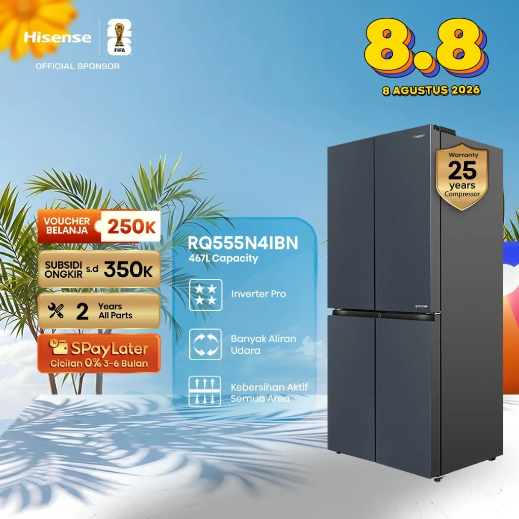 Hisense-Kulkas 4 Pintu Hitam 468L-RQ555N4IBN-Inverter Pro-360 Multi Air Flow-All Zone Active Hygiene-Removable Twist Ice Maker-LED Display-Gentle LED Lighting-Large Capacity Freezer