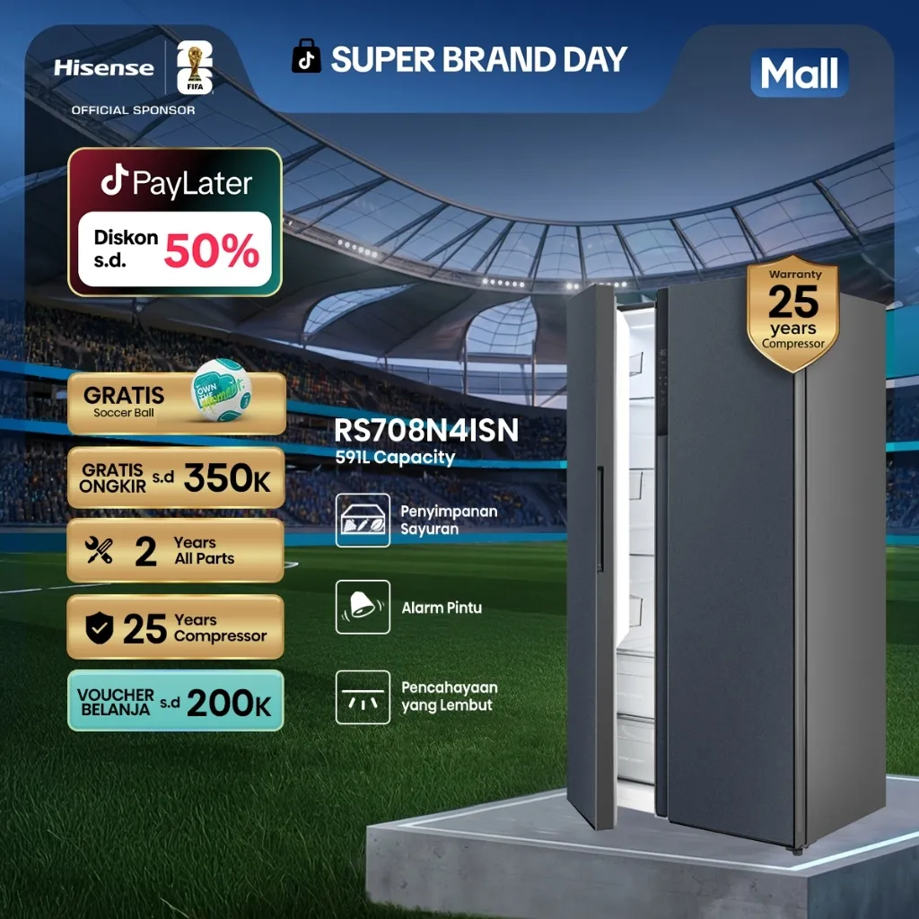 Hisense-Kulkas Side By Side Silver 591L-RS708N4ISN-Inverter-No Frost-Multi Air Flow-Metal Door-Anti Bakteri Purify-LED Lighting-Super Freeze-Holiday Mode-Dual-Tech Cooling