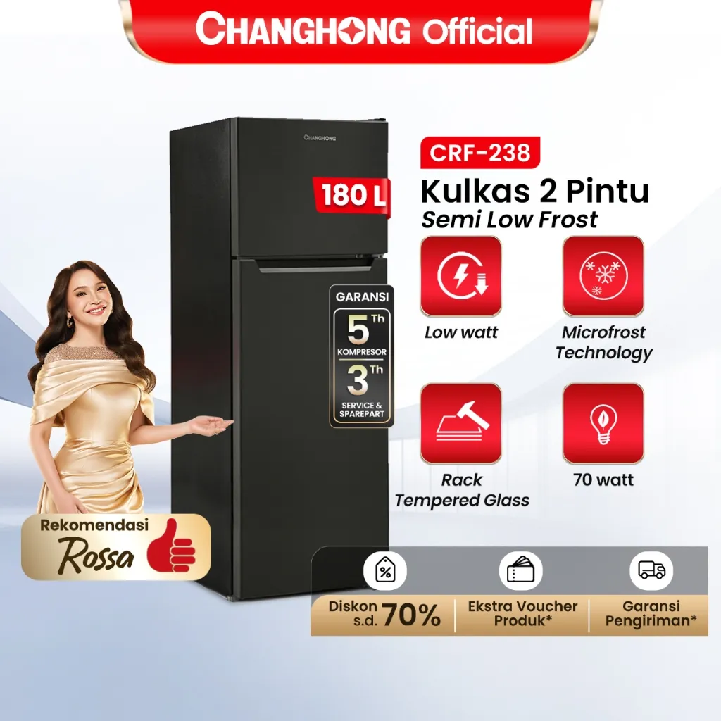 [BEST CHOICE] Changhong Kulkas 2 Pintu  (Refrigerator) Lemari Es Kapasitas 180 Liter CRF238 – Black (Semi Auto No Frost) (Kapasitas Besar) (Tempered Glass) (Kombinasi Pendinginan-Pembeku) (Engsel Pintu Fleksibel) (Interior Kulkas Dengan Food Grade)