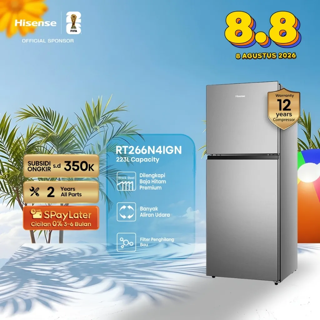 Hisense-Kulkas 2 Pintu Silver 223L-RT266N4IGN-No Frost-Multi Air Flow-Filter Penghilang Bau-Premium Steel-Desain Minimalis-Lampu LED-Big Door Balcony-Pintu Terbuka 90 Derajat