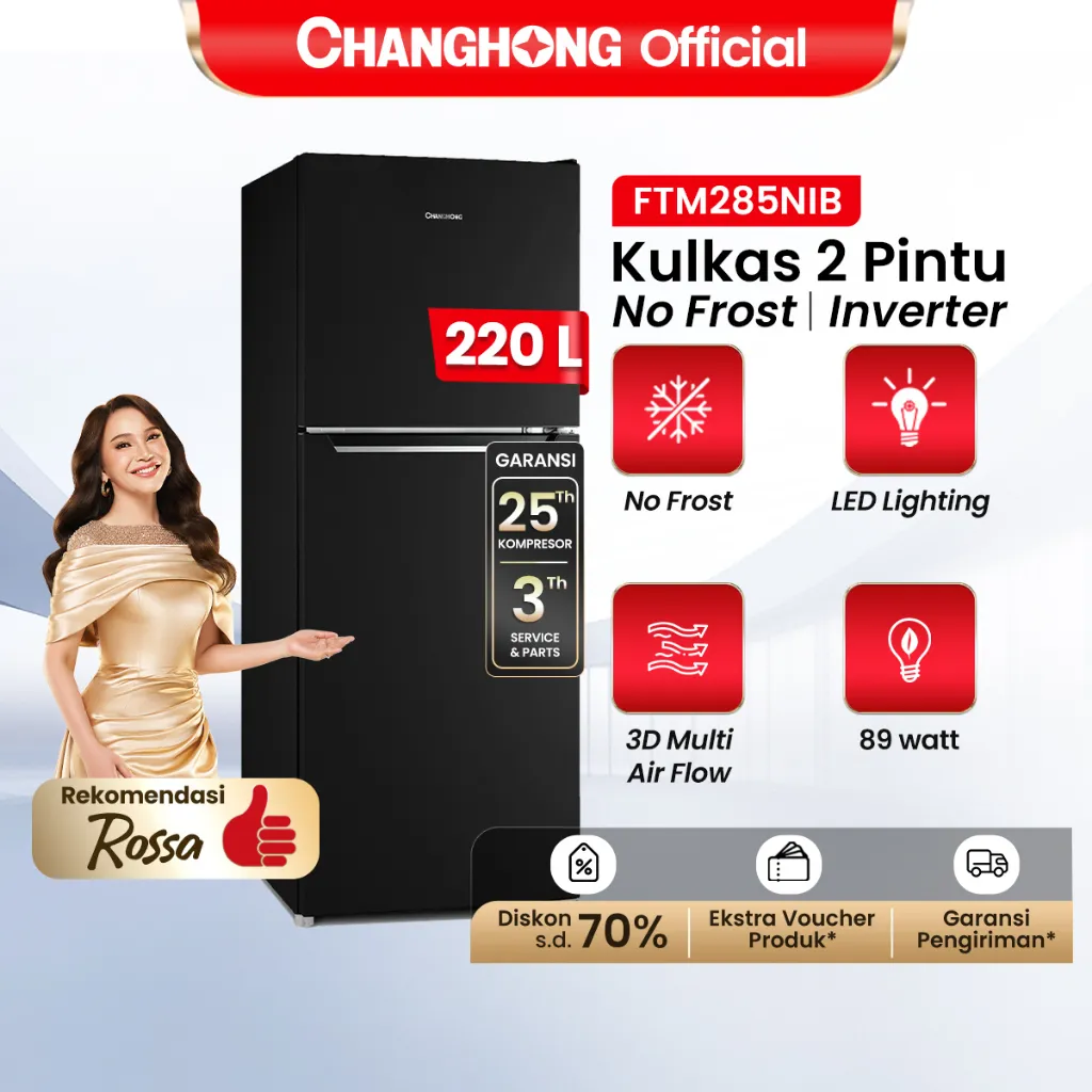 [SMART INVERTER] Changhong Kulkas 2 Pintu  (Refrigerator) kulkas Inverter No Frost tanpa Bunga Es Lemari Es Kapasitas 220 Liter FTM285NIB - Black (kulkas anti bunga es) ( kulkas design minimalis) ( kulkas penghematan hingga 47 %) ( Kulkas Tempered Glass)