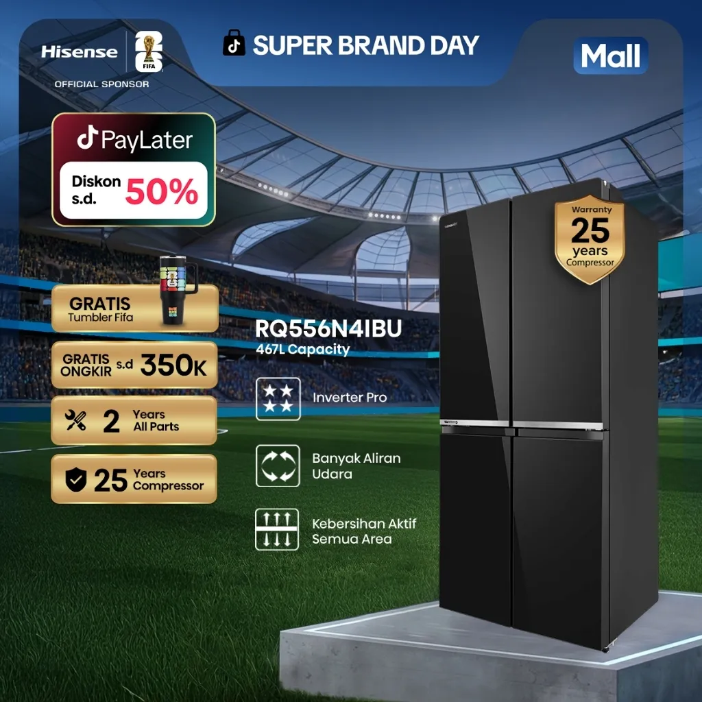 Hisense-Kulkas 4 Pintu Hitam 467L-RQ556N4IBU-Inverter Pro-Total No Frost-360 Multi Air Flow-All Zone Active Hygiene-Variable Storage Space-Super Cool-Super Freeze-Moisture Fresh Crispy-Portable Ice Tray