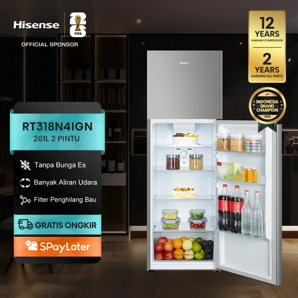 Hisense-Kulkas 2 Pintu Abu-abu 267L-RT318N4IGN-No Frost-Premium Steel-Multi Air Flow-Filter Penghilang Bau-Desain Minimalis-Lampu LED-Big Door Balcony-Pintu Terbuka 90 Derajat