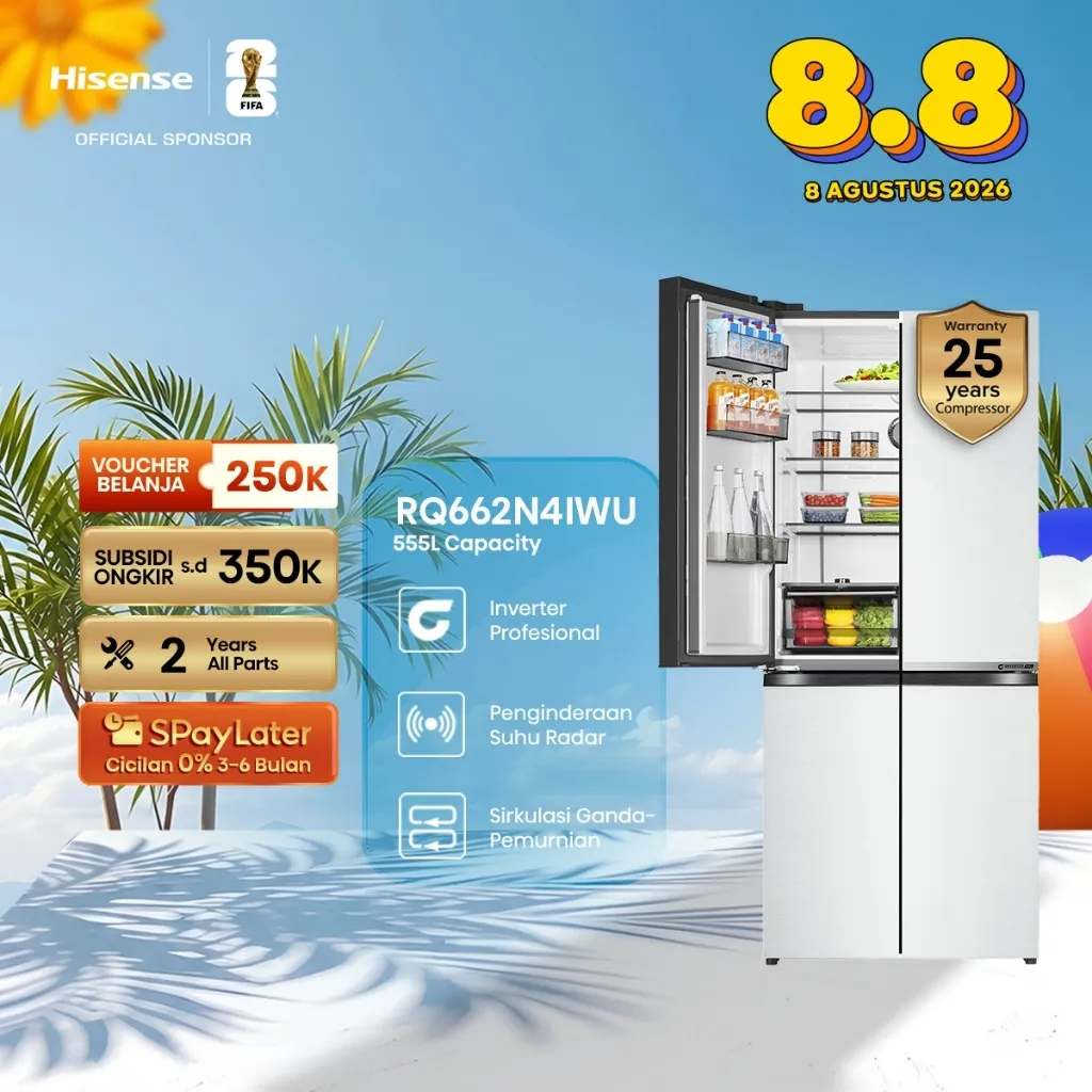 Hisense-Kulkas 4 Pintu Multi Door Putih 555L-RQ662N4IWU-Inverter Pro-Frost Free-Active Hygiene Plus-Wi-Fi-Twist Ice Maker-Humidity Controlled Crisper-LED Touch Control-Chill Room