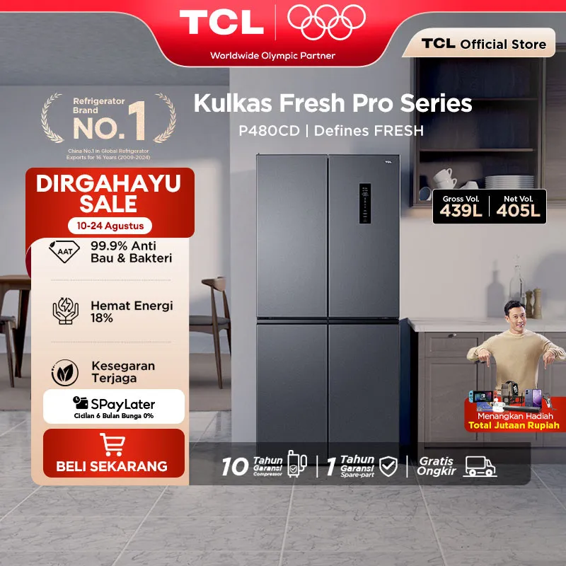 TCL Kulkas 4 Pintu - Kapasitas 439L - Big Capacity - Twin Eco Inverter - AAT Gen 2 Natural Eco Freshness - Kulkas Ice Maker -Tanpa Bunga Es - Lemari Es - P480CD - P480