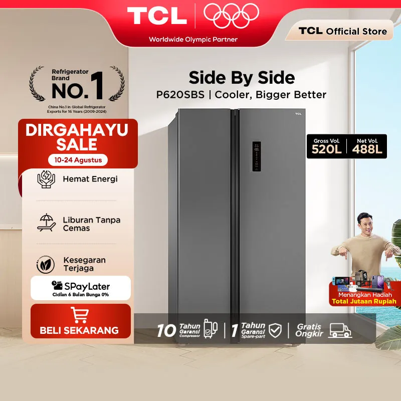 TCL Kulkas 2 Pintu Side by Side - Kapasitas 520L - Holiday Mode - Twin Eco Inverter - AAT Gen 2 Natural Eco Freshness - Kulkas Ice Maker - Tanpa Bunga Es - Child Lock - P620SBS - P620 SBS