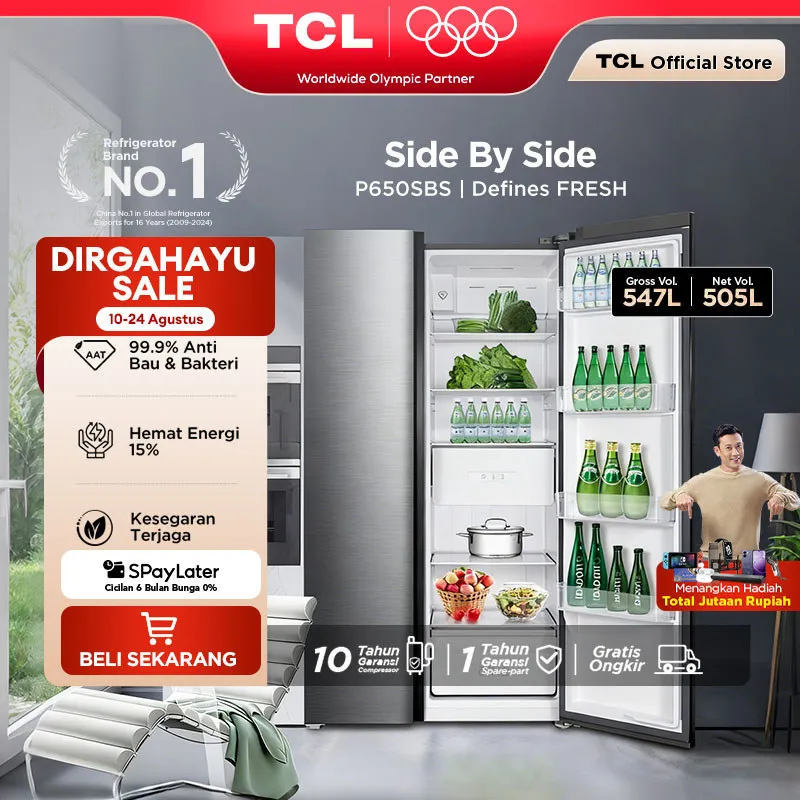 TCL Kulkas 2 Pintu Side by Side – Kapasitas 547L - Kulkas Ice Maker -  Metal Gray - Inverter - Lemari Es - P650SBS