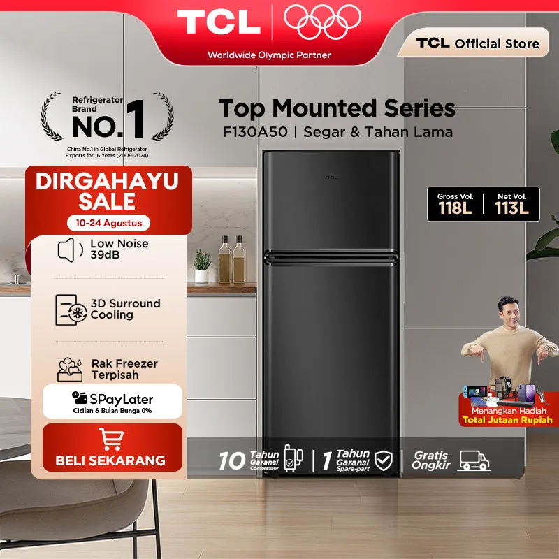 TCL Kulkas 2 Pintu (F130-A50) - Kapasitas 118L - Rak Freezer Terpisah - 3D Surround Cooling - Adjustable shelves - Low Noise 39dB - Metal Panel - Kulkas Mini - Lemari Es - Kulkas Kecil Kamar