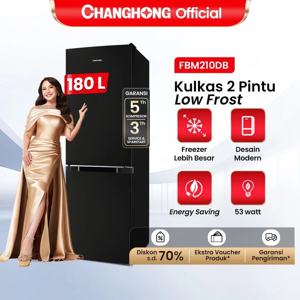 New Changhong Kulkas 2 Pintu (Bottom Mounted Refrigerator) Lemari Es Kapasitas 180 Liter FBM210DB