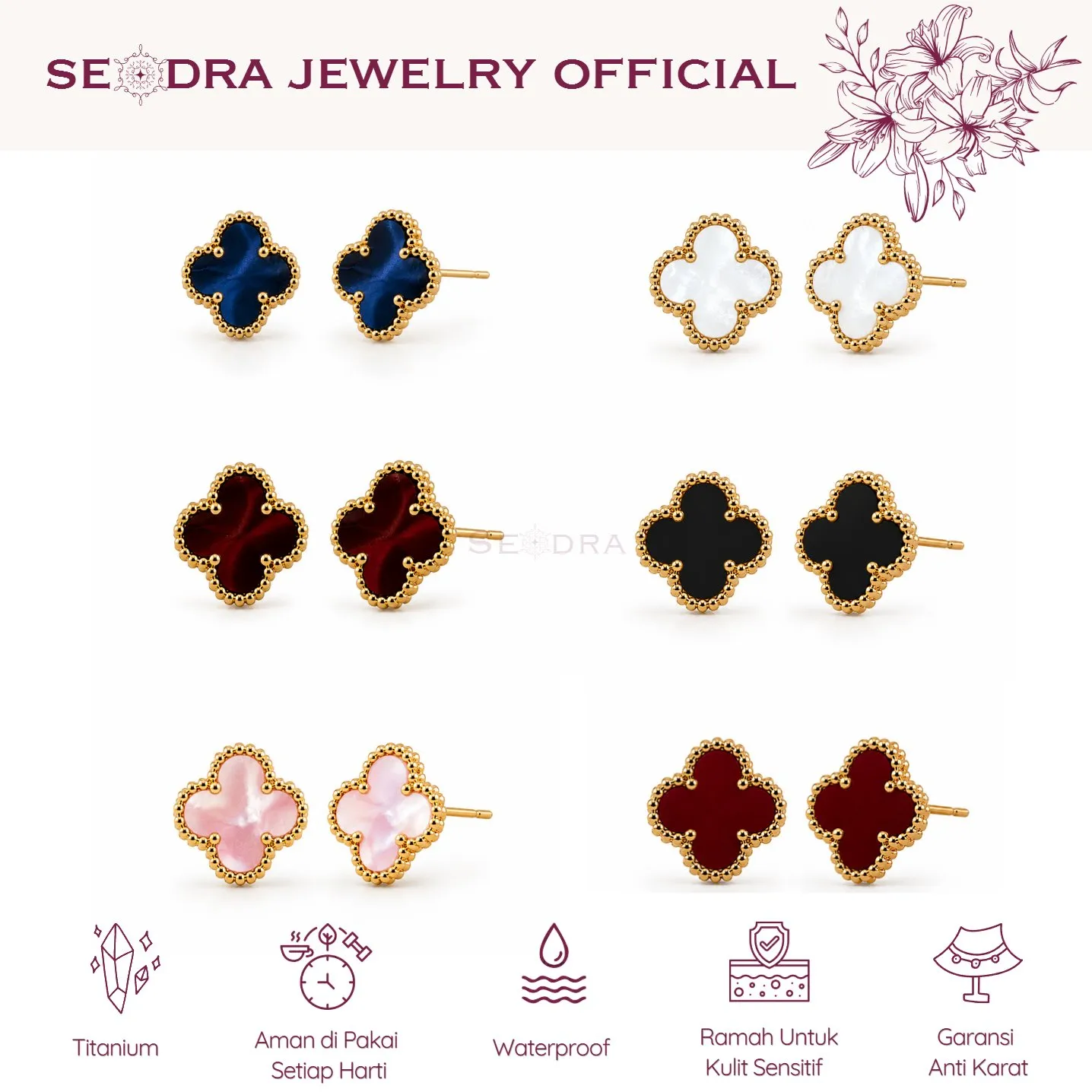 SEODRA • Hera Earings Anting Clover 18K Gold Plated • Perhiasan Anting Tusuk Clover Bunga VCA Clover Titanium • Perhiasan Anting Clover Bunga Titanium Stainless Steel Anti Karat Simple Mewah Aesthetic Korean Style Anting Kemangi Elegan