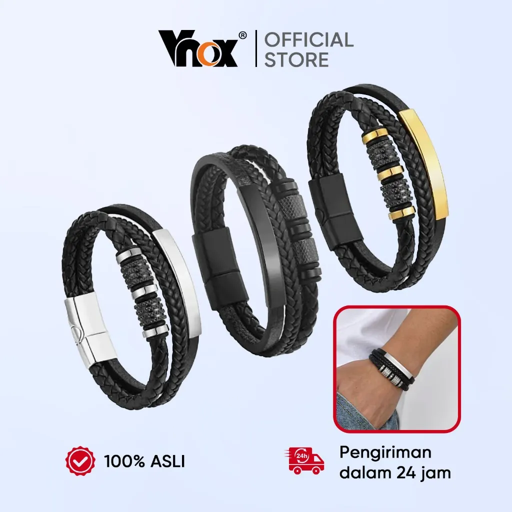 Vnox Gelang Tangan Pria Kulit Tali Anyam Titanium Steel | Gelang Magnet Anti Karat Hadiah Ulang Tahun Aksesoris Pria Elegan