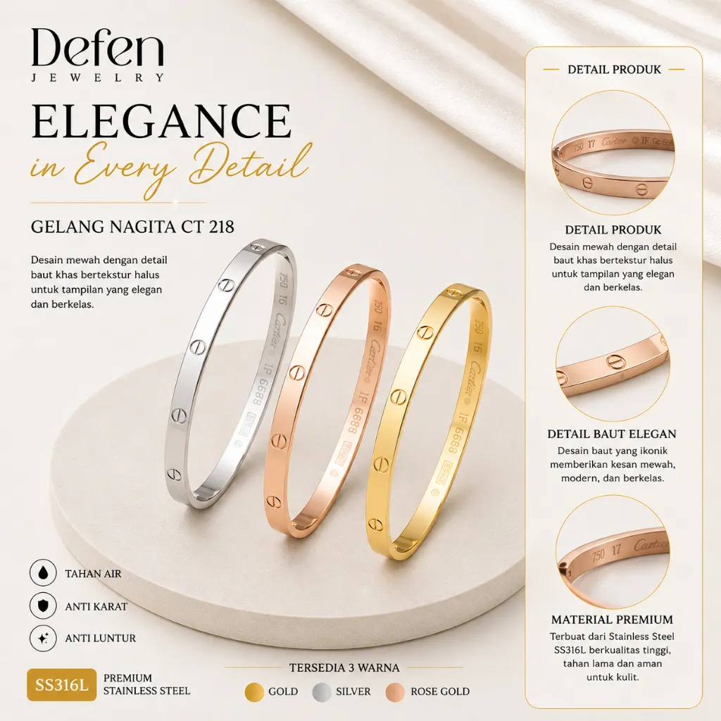 Defen Jewelry - Gelang Titanium Premium Anti Karat Wanita Mewah Eksklusif Model Bangle Luxury Bracelet Stainless Steel Tahan Air Tidak Luntur Hypoallergenic Elegan Gold Silver Rosegold Korean Fashion CT217 CT218