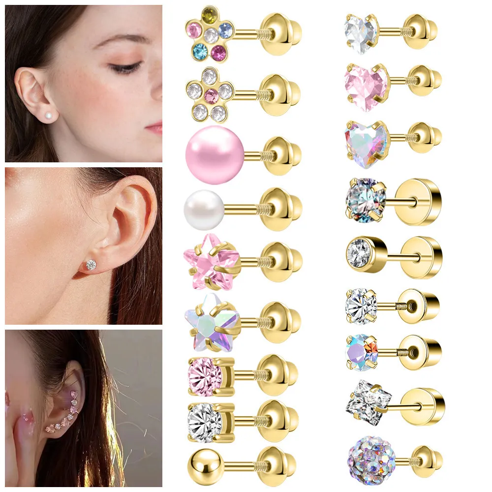 1 PC Ear Stud Gold Stainless Steel Ear Piercing Cubic Zircon Stud Earring Pink Peal Earrings Jewelry