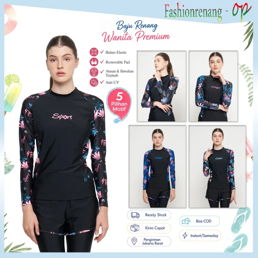 Fashionrenang_op - 31012 Baju Renang Wanita Muslim Dua Piece Fashion Baju Renang Lengan Panjang Pakaian Selam Hijab