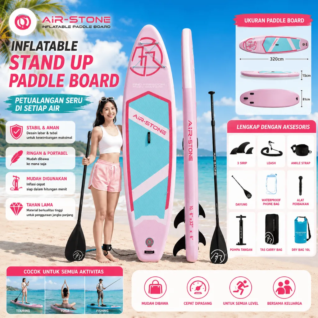 SUP Board Inflatable Papan Selancar/ Surfing Lengkap Aksesoris Anti-Slip EVA, Paddle Board Fins