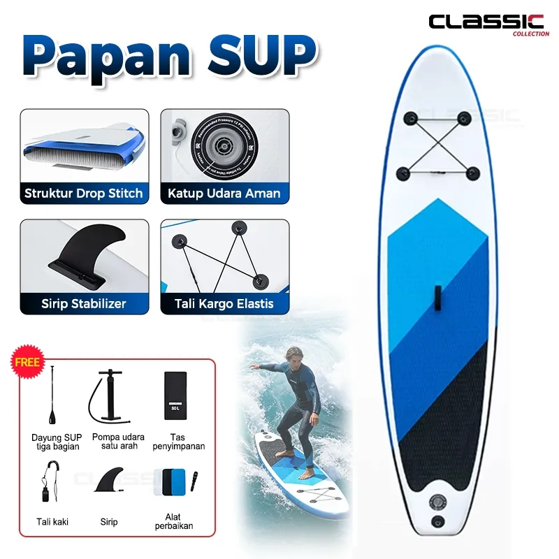 Papan SUP Inflatable Biru - Stand Up Paddleboard untuk Olahraga Air, Pantai, Danau & Sungai, Full Set Aksesoris, Portable & Anti Bocor