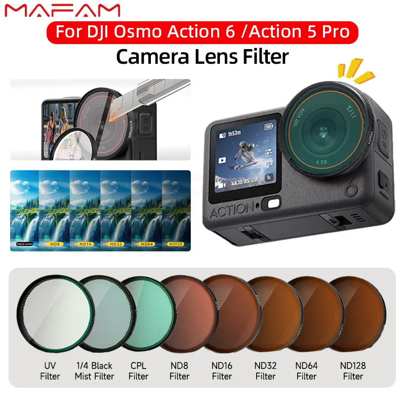 Filter Set for DJI Osmo Action 6 /Action 5 Pro Camera ND8 ND16 ND32 ND64 CPL UV Black Mist 1/4 HD Optical Glass Lens Replacement Sport Camera Lens Accessories