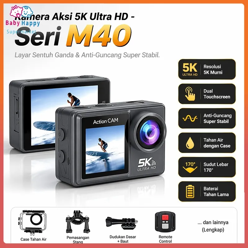 Layar sentuh Kamera Aksi WIFI 5K 30FPS Layar Ganda GoPro Sudut Lebar 170° Kamera Olahraga Tahan Air dengan Kontrol Jarak Jauh