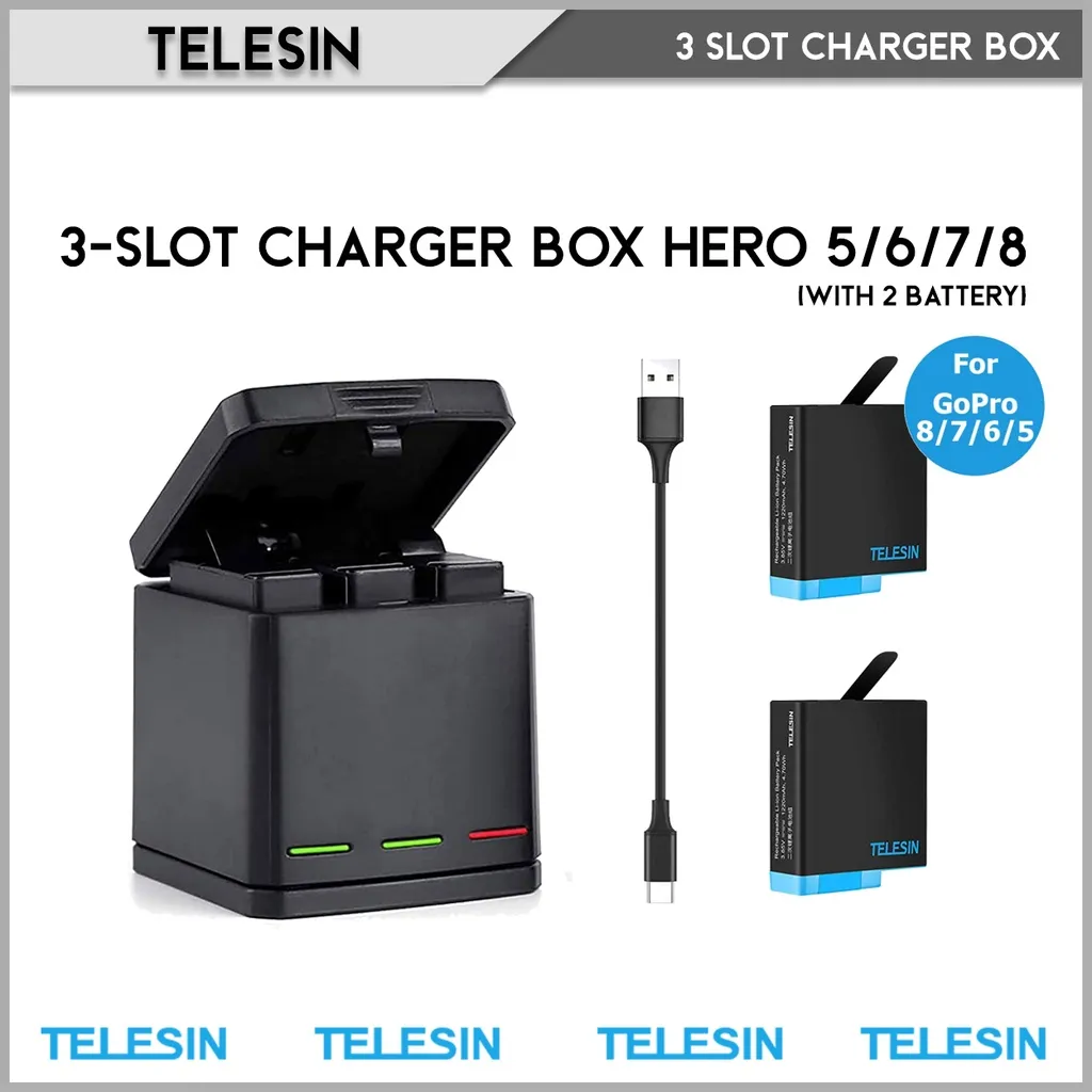 TELESIN 3 Slot Charger Box for GoPro Hero 8/7/6/5 Charger Battery Baterai GoPro Hero 5/6/7/8