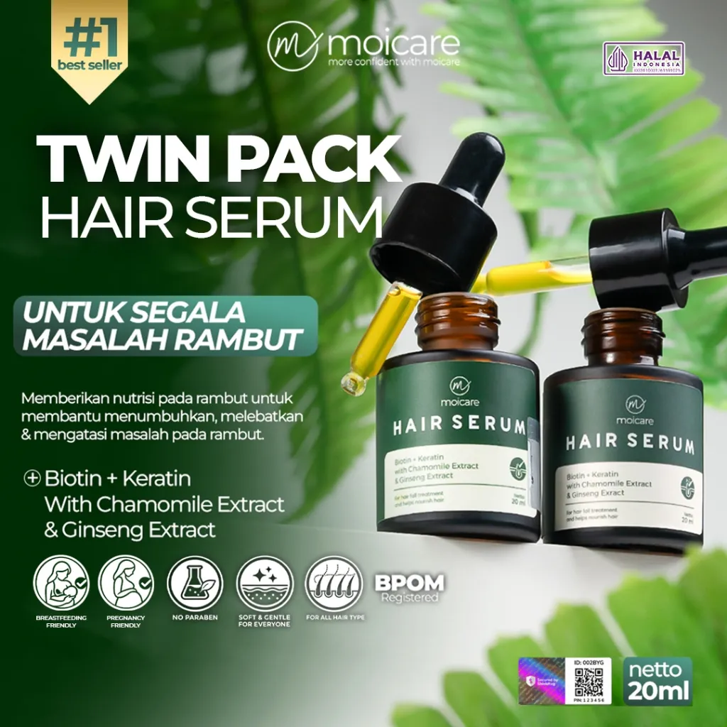 [TWIN PACK 2 PCS] MOICARE Hair Serum - Anti Hair Fall Treatment With Biotin Keratin Ginseng Chammomile Extract Mengatasi Rambut Kering & Rontok Mengkilaukan Menyuburkan Menghaluskan Rambut Perawatan Haircare