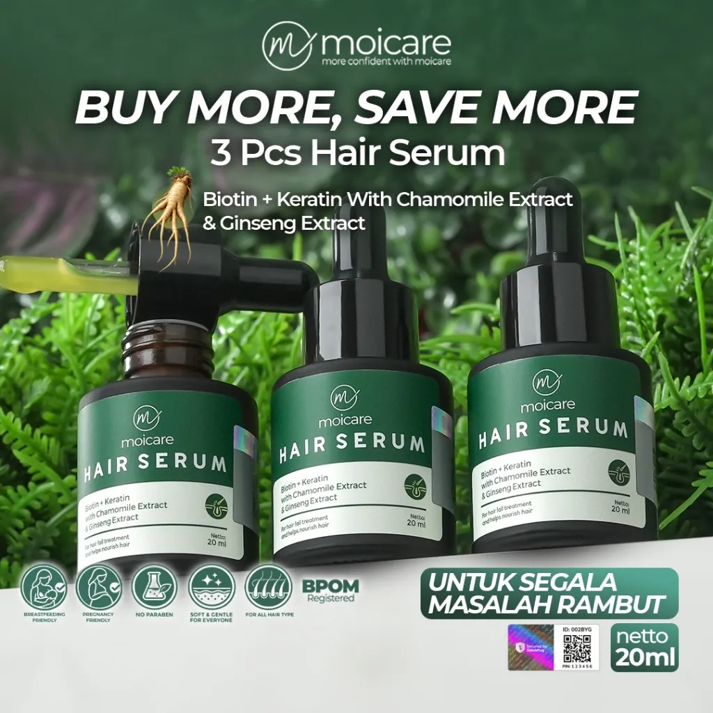 MOICARE BUNDLE 3 PCS Hair Serum - Anti Hair Fall Treatment With Biotin Keratin Ginseng Chamomile Extract Mengatasi Rambut Kering & Rontok Mengkilaukan Menyuburkan Menghaluskan Rambut Mengurangi Ketombe