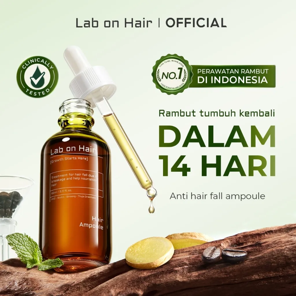 Lab On Hair Anti Hair Fall Ampoule Serum - Hair Oil Serum 60 ml  Vitamin Rambut Growth Rambut Anti Rontok Kering Bercabang Mempercepat Pertumbuhan Rambut Penumbuh Rambut Water Base Minyak Rambut dengan PDO + Biotin + Ginger Hair Serum Hair Ampoule Serum