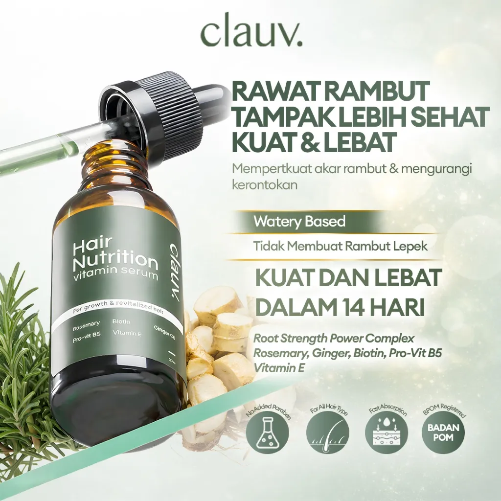 Clauv Anti Hair Fall Vitamin Serum - Perawatan Rambut Rontok & Tipis Hair Growth Nutrition Vitamin Serum Dengan Biotin Rosemary Pro Vit-B5 Ginger & Vitamin E