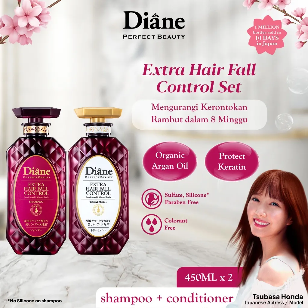 PAKET Diane EXTRA HAIR FALL CONTROL Shampoo + Treatment 450ml (Made In Japan)