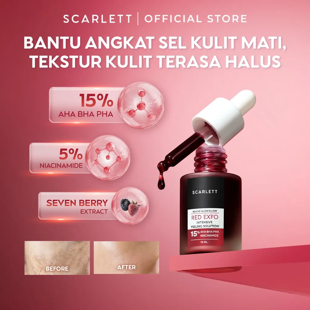 SCARLETT Revive Glow Elixir Red Exfo Intensive Peeling Solution - Peeling Serum Eksfoliasi Wajah Mencerahkan dan Halus dalam 60 detik 15% AHA BHA PHA 5% Niacinamide
