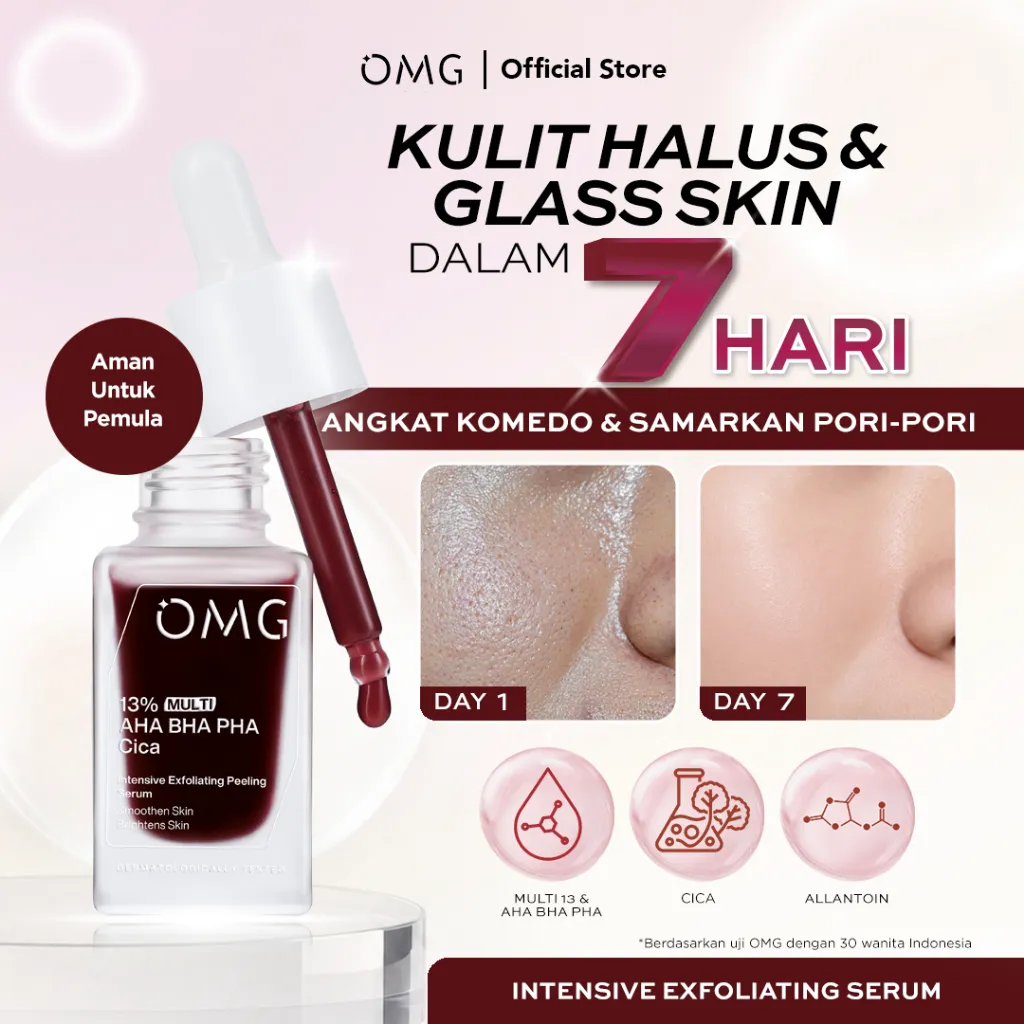 OMG Oh My Glow 13% Multi AHA BHA PHA CICA Intensive Exfoliating Peeling Serum - Menghaluskan Kulit, Menyamarkan Pori Pori, Glass Skin