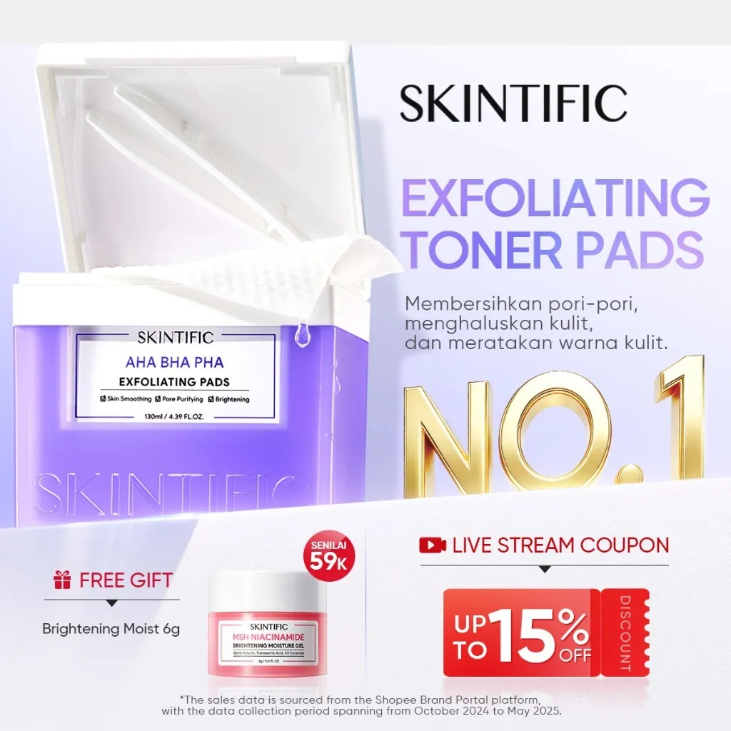 SKINTIFIC - Exfoliating Toner Pads | Pore Clean Clear Acne Blackheads Gentle Lebih Halus Exfoliasi Wajah Peeling Solution Skin Brightening Smooth Soothe Niacinamide Whitening AHA BHA PHA Acid Pencabut Komedo Fade Dark Spots Acne Scars Clear Hydration pads