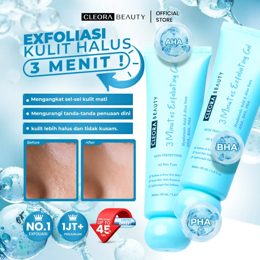 [SPESIAL LIVE] Cleora 3 Minutes Exfoliating Peeling Gel - Face Scrub Exfoliasi Wajah With AHA BHA PHA Untuk Wanita Pria Membantu Mengangkat Sel Kulit Mati Kotoran Skincare Niacinamide Eksfoliasi Muka Brightening Scincare Mencerahkan Komedo Acne Day Night